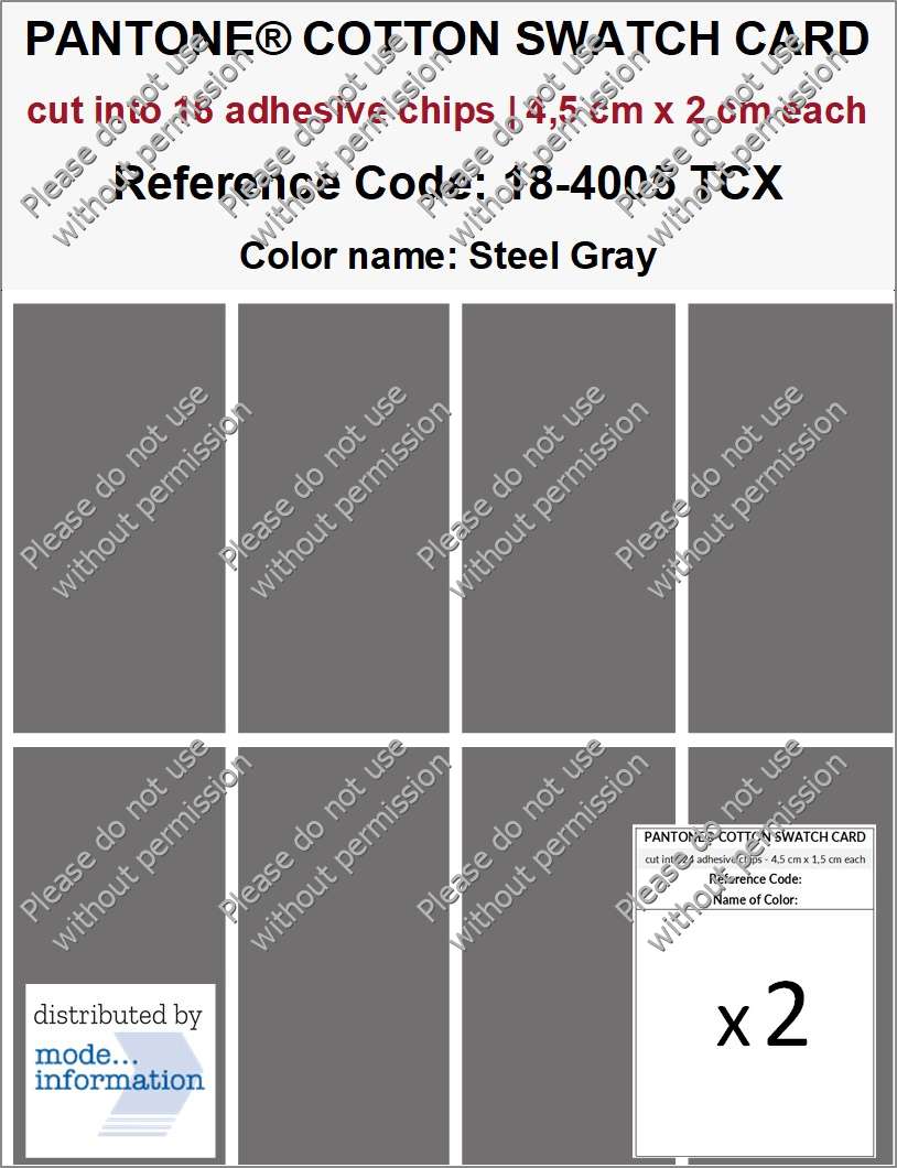 PANTONE COTTON SWATCH CARD 18-4005 TCX Steel Gray (cut into 16 adhesive chips | 4,5 cm x 2 cm)