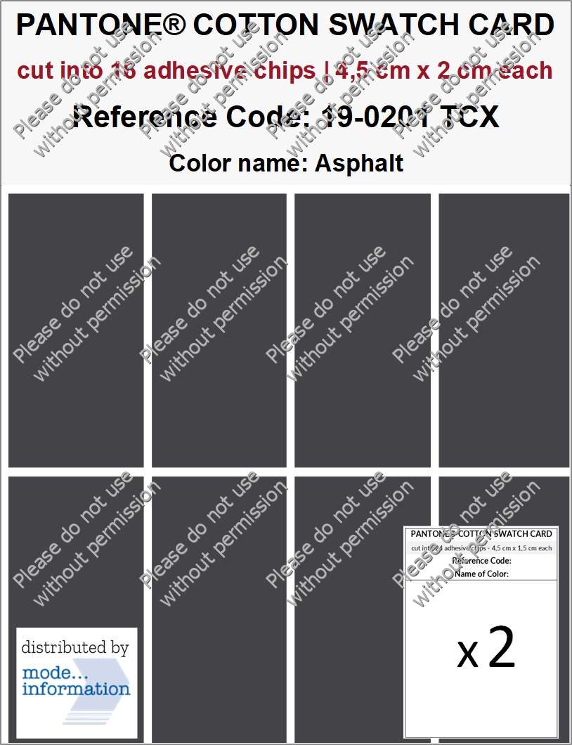 PANTONE COTTON SWATCH CARD 19-0201 TCX Asphalt (cut into 16 adhesive chips | 4,5 cm x 2 cm)
